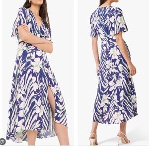 French Connection SIZE 2 DIAH CREPE FAUX WRAP Blue White Floral Midi Dress NWT